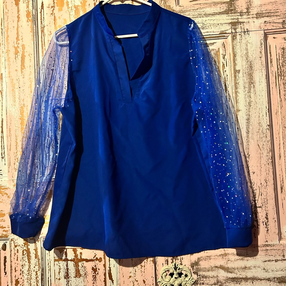 Sale!! Royal Blue Sheer-Sleeve Blouse with Sparkle Detail Concert